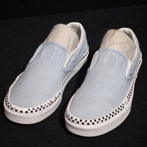 Light Blue Slip-On Sneakers with Checkered Trim